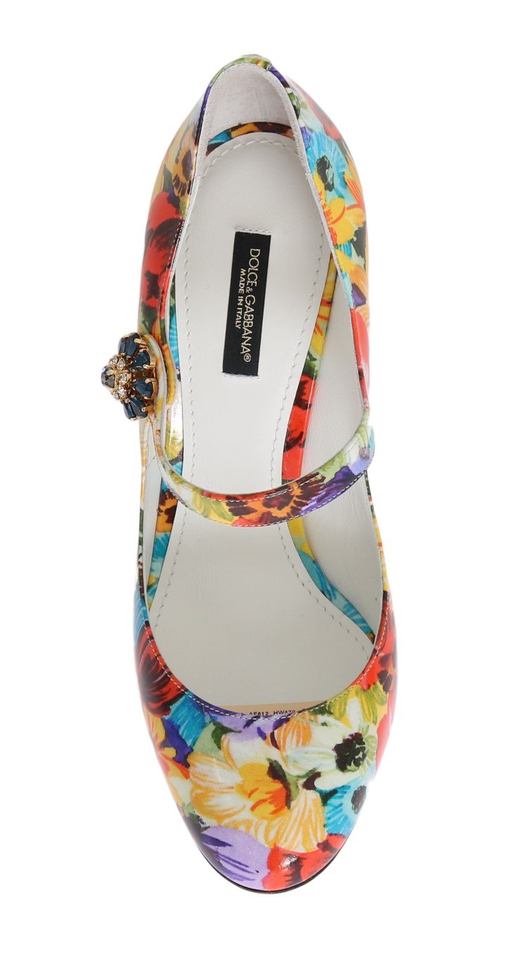 Floral Pattern Crystal Heels Leather Shoes