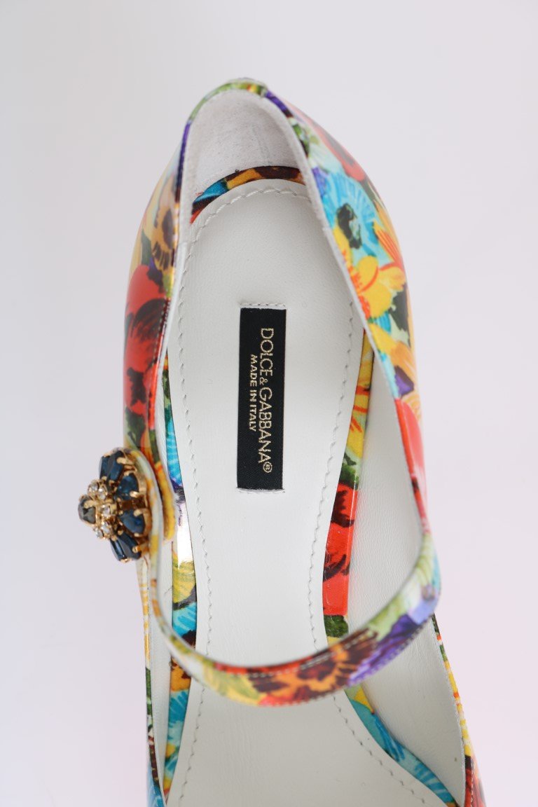 Floral Pattern Crystal Heels Leather Shoes