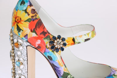Floral Pattern Crystal Heels Leather Shoes