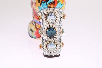 Floral Pattern Crystal Heels Leather Shoes