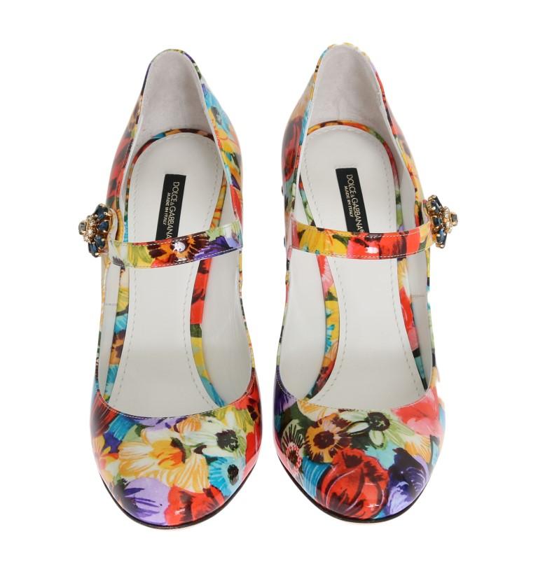 Floral Pattern Crystal Heels Leather Shoes