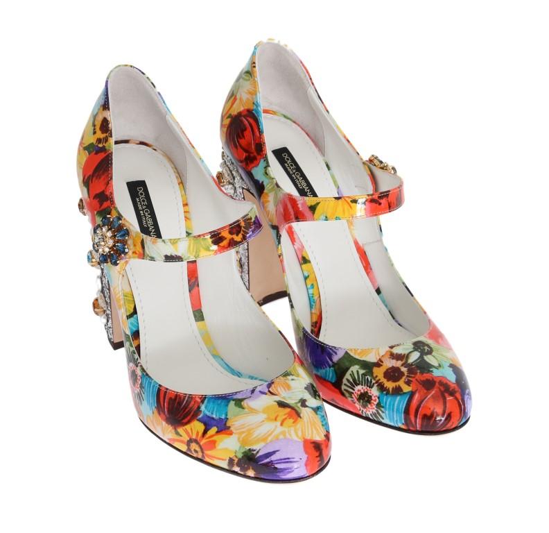 Floral Pattern Crystal Heels Leather Shoes