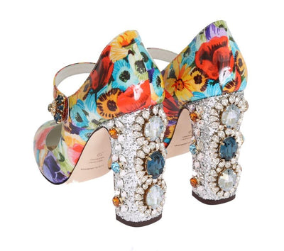 Floral Pattern Crystal Heels Leather Shoes
