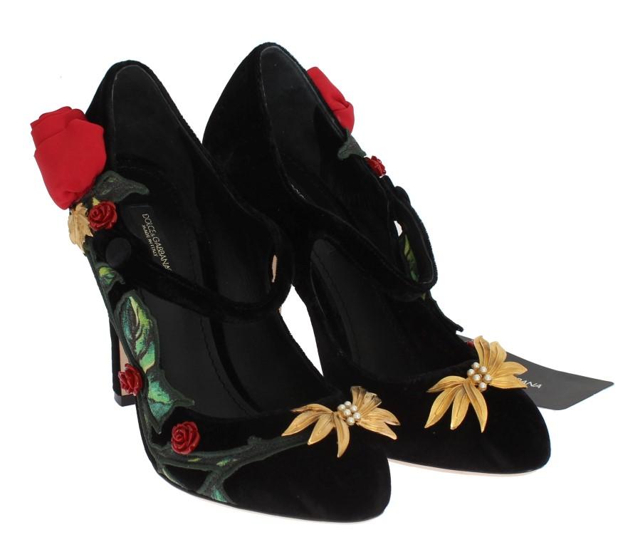 Black Velvet Roses Mary Janes Pumps