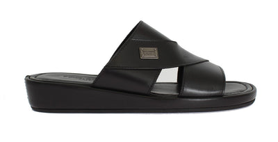 Black Leather Logo Slides Sandals