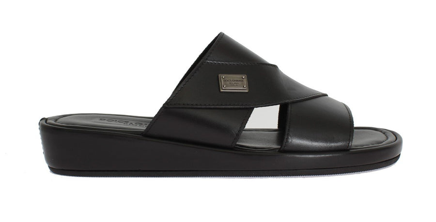 Black Leather Logo Slides Sandals