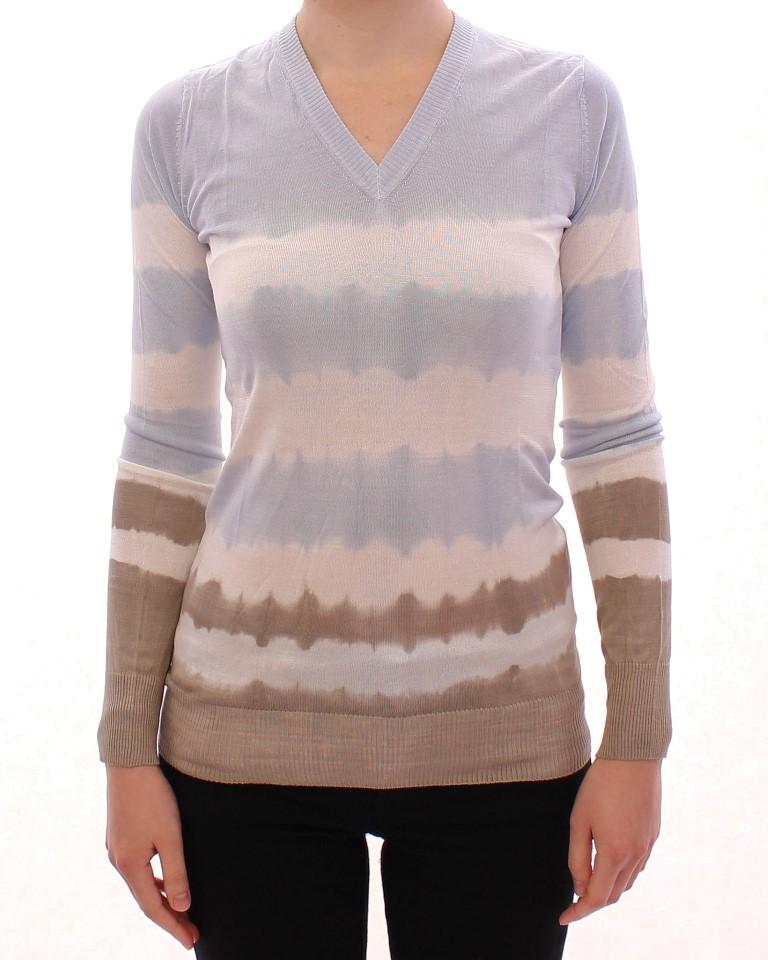 Blue Striped Silk V-neck Sweater