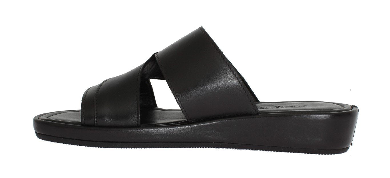 Black Leather Logo Slides Sandals