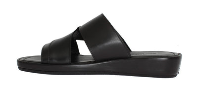 Black Leather Logo Slides Sandals