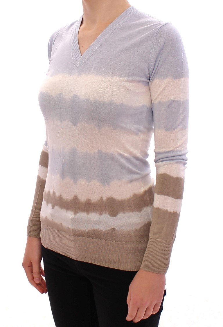 Blue Striped Silk V-neck Sweater