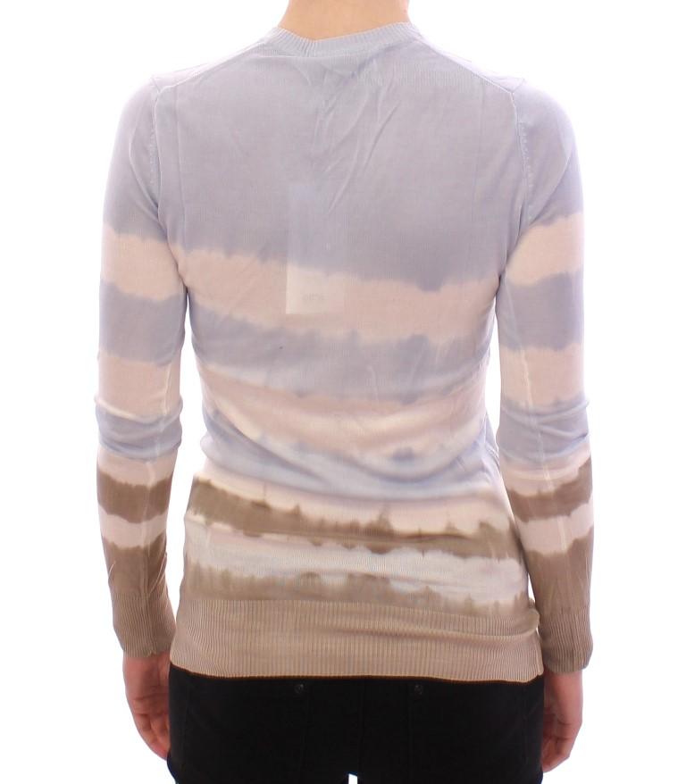 Blue Striped Silk V-neck Sweater