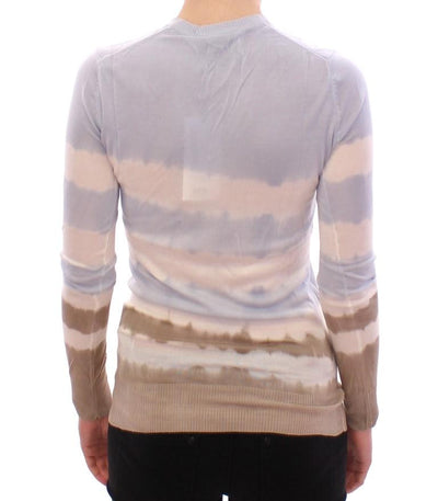 Blue Striped Silk V-neck Sweater