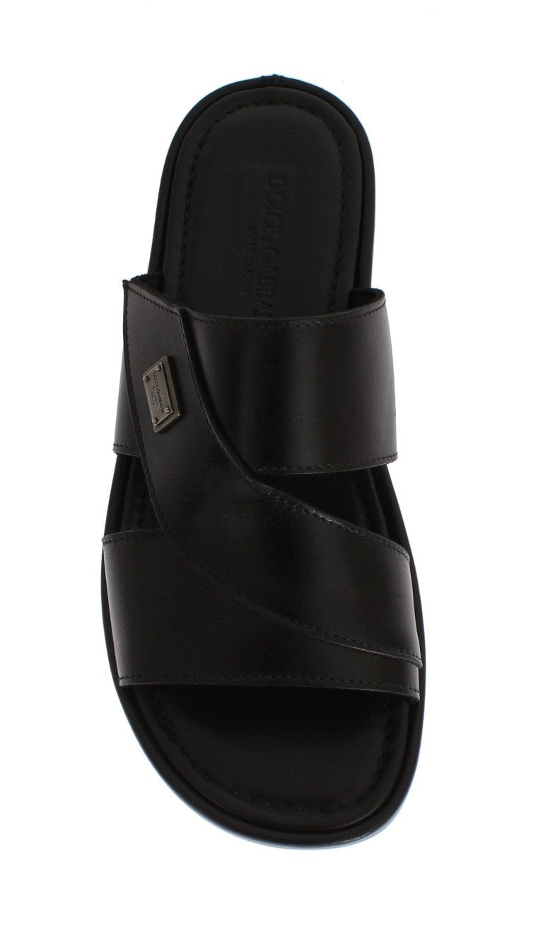 Black Leather Logo Slides Sandals