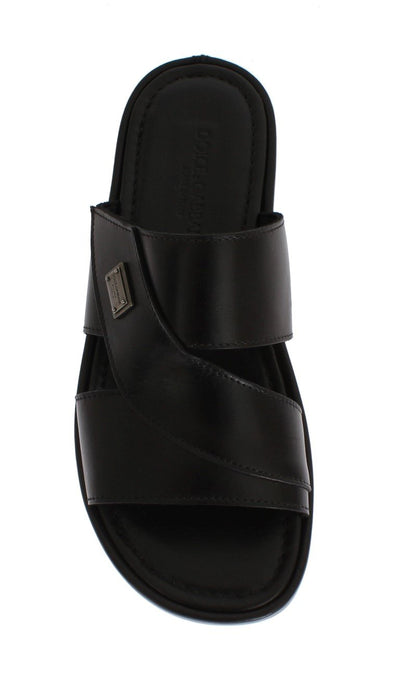 Black Leather Logo Slides Sandals