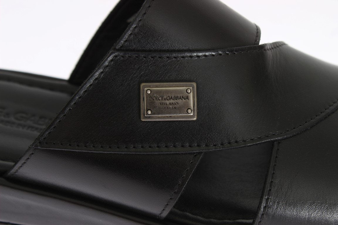 Black Leather Logo Slides Sandals