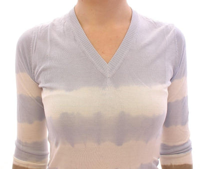 Blue Striped Silk V-neck Sweater