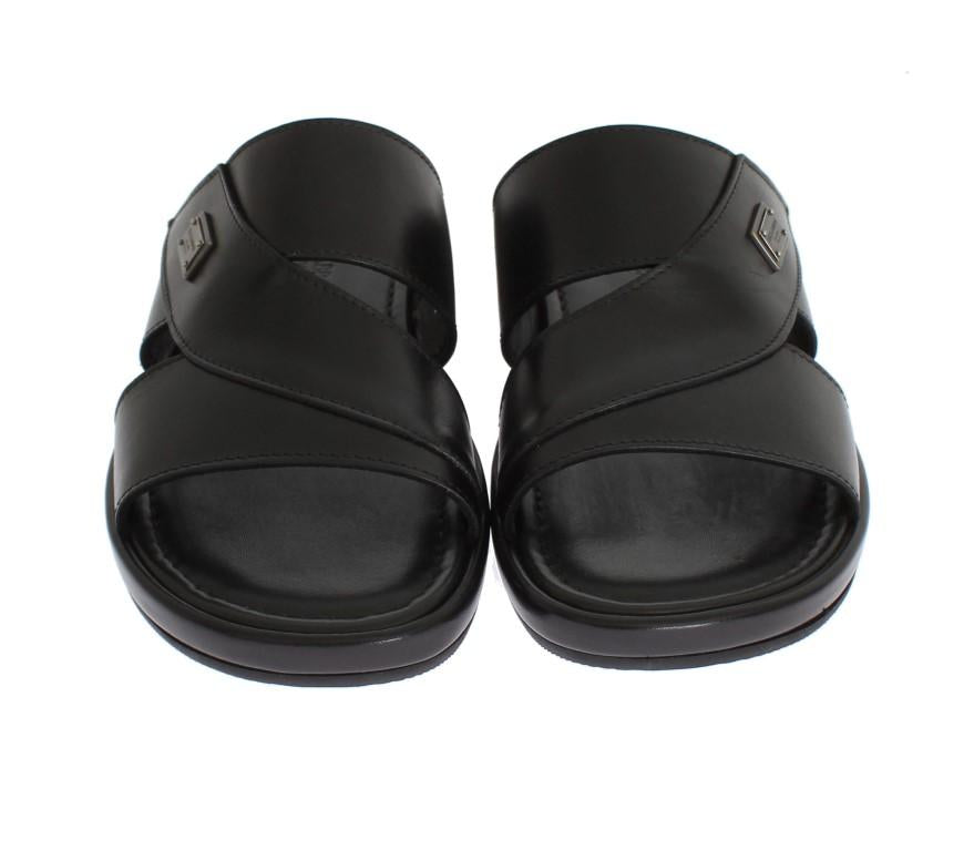 Black Leather Logo Slides Sandals