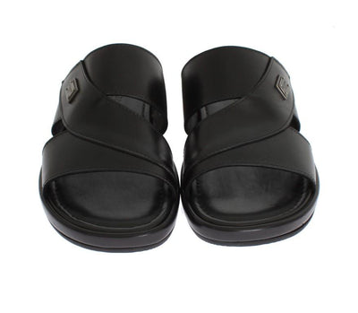 Black Leather Logo Slides Sandals
