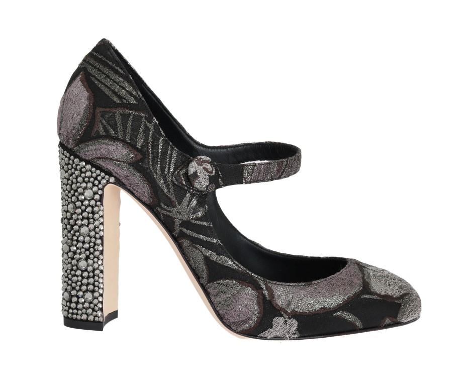 Black Jacquard Crystal Floral Leather Shoes