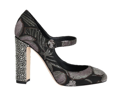 Black Jacquard Crystal Floral Leather Shoes
