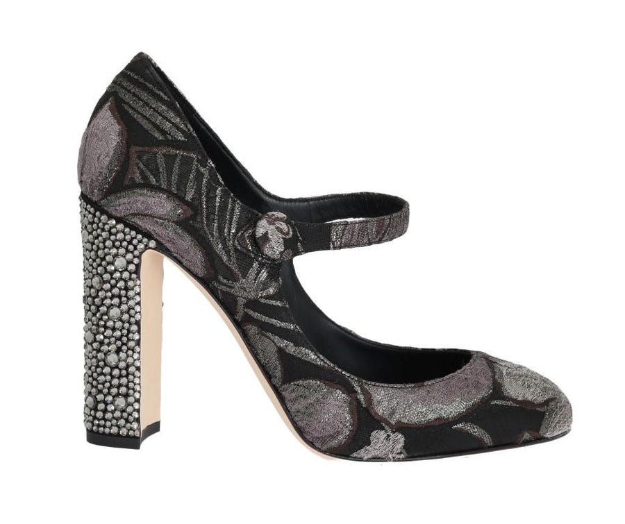 Black Jacquard Crystal Floral Leather Shoes