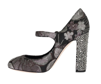 Black Jacquard Crystal Floral Leather Shoes