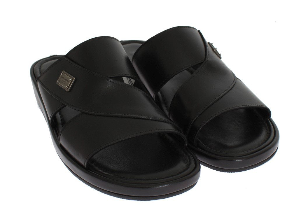 Black Leather Logo Slides Sandals