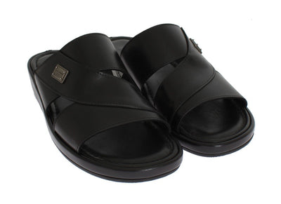 Black Leather Logo Slides Sandals