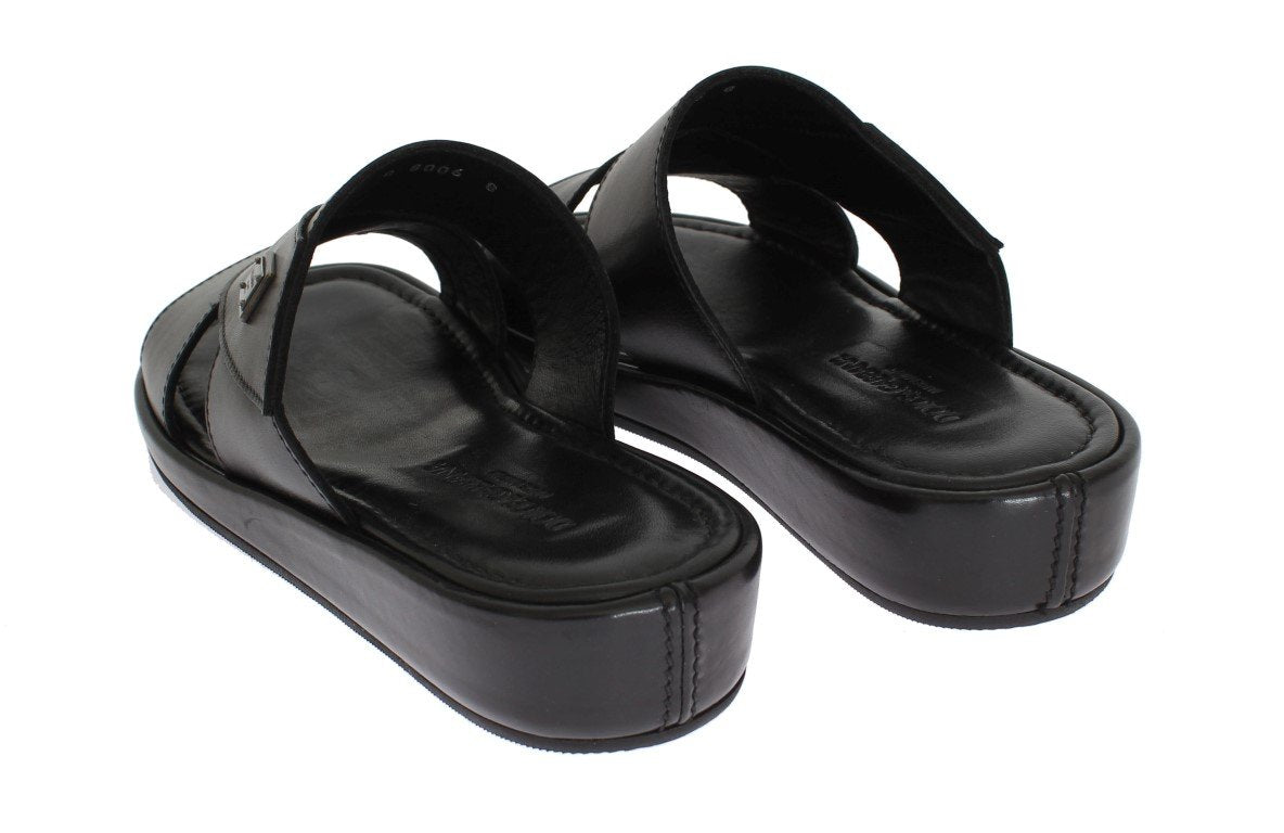 Black Leather Logo Slides Sandals