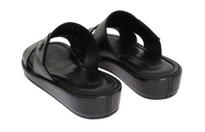 Black Leather Logo Slides Sandals