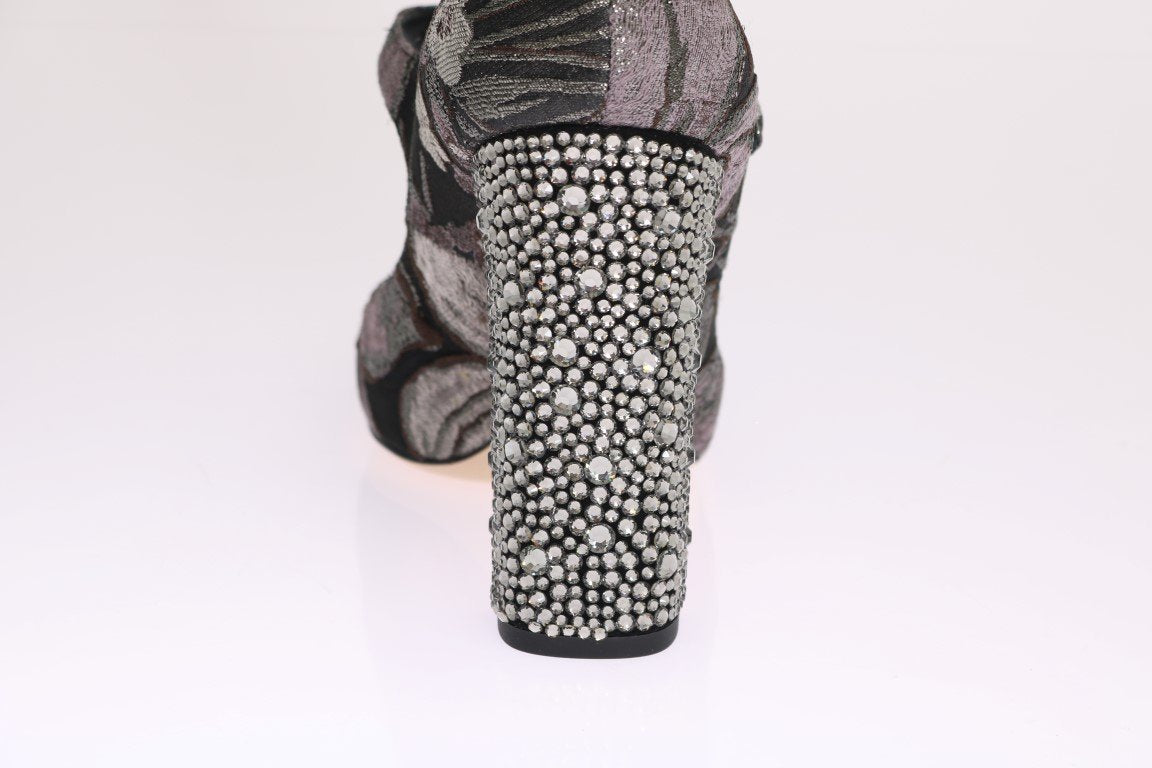 Black Jacquard Crystal Floral Leather Shoes