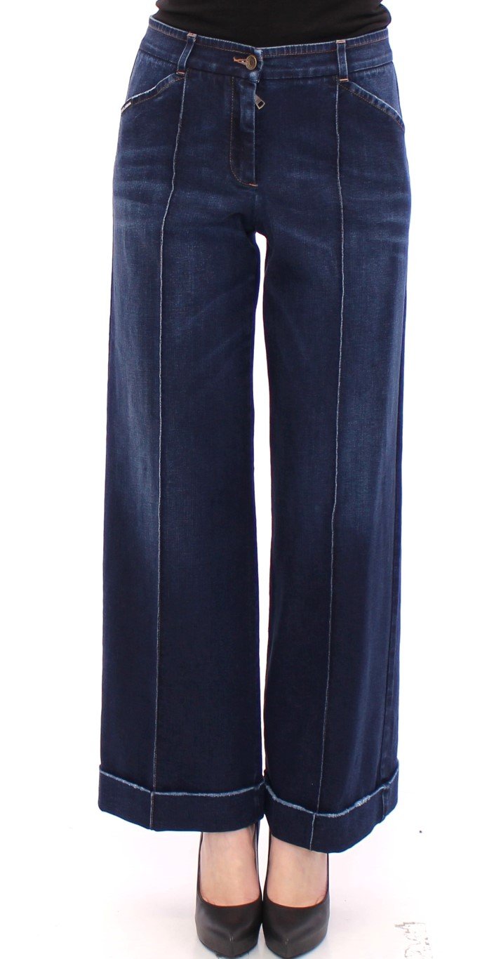 Blue Cotton Solid Pattern Logo Jeans Pants