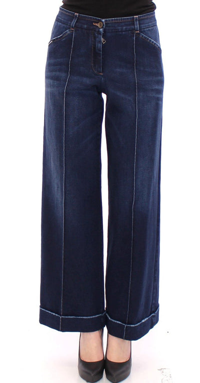Blue Cotton Solid Pattern Logo Jeans Pants