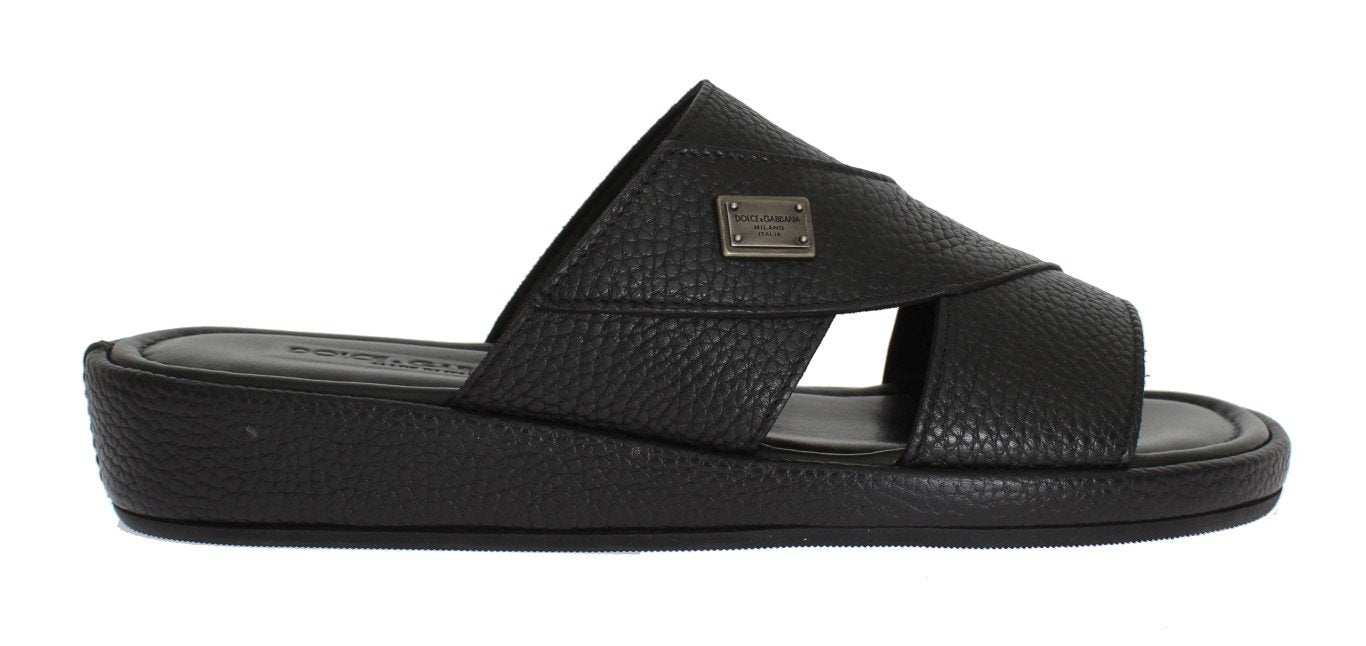 Black Deer Leather Logo Slides Sandals
