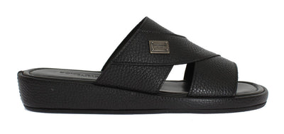 Black Deer Leather Logo Slides Sandals