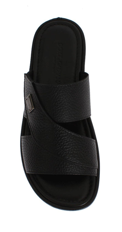 Black Deer Leather Logo Slides Sandals