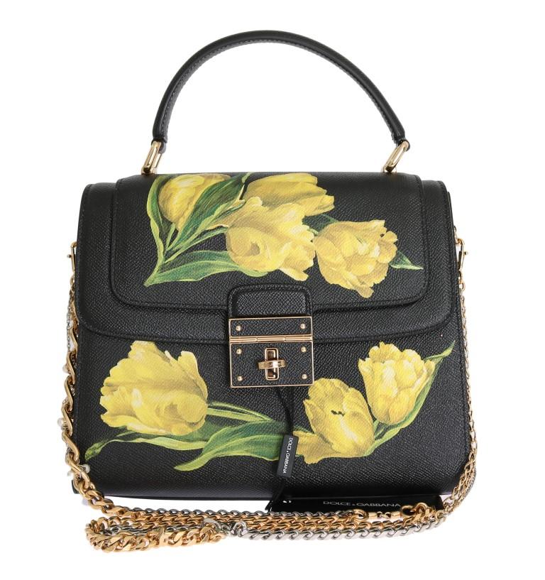 Black ROSALIA Leather Yellow Tulip Print Bag