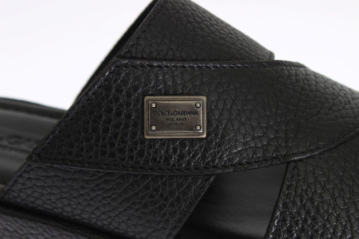 Black Deer Leather Logo Slides Sandals