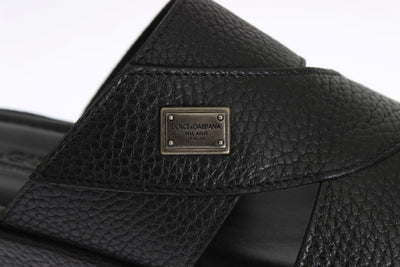 Black Deer Leather Logo Slides Sandals