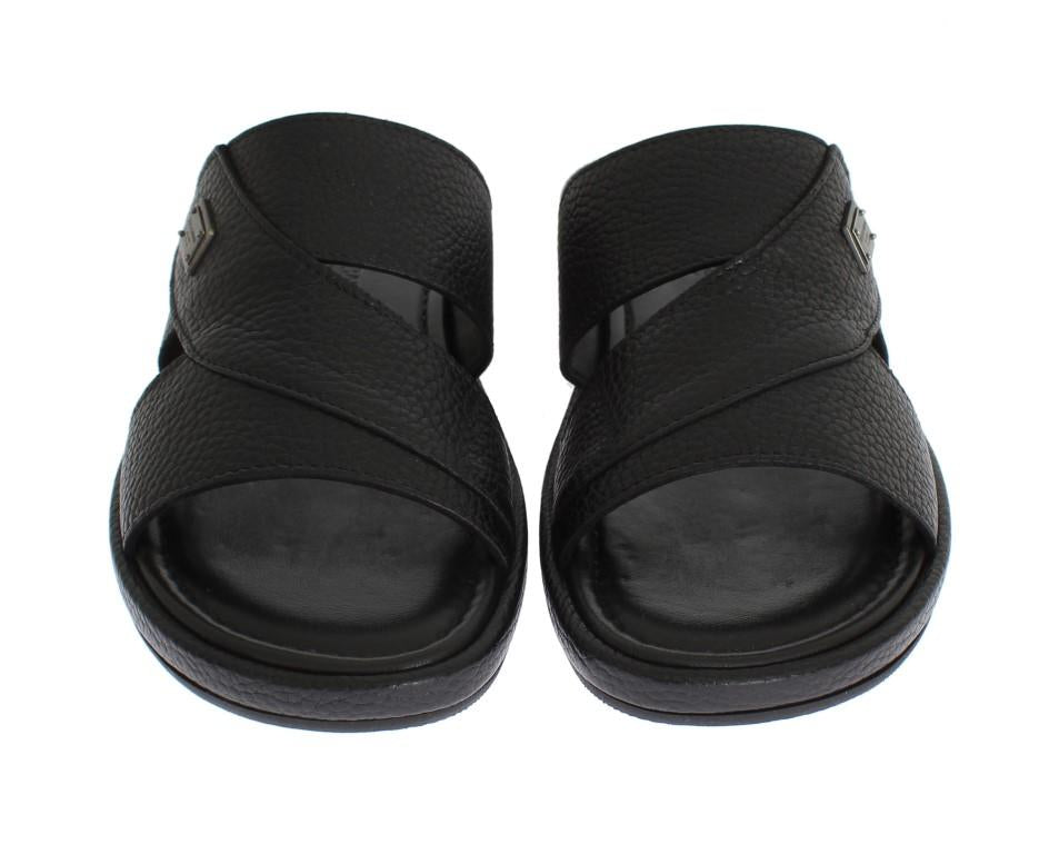 Black Deer Leather Logo Slides Sandals