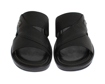 Black Deer Leather Logo Slides Sandals