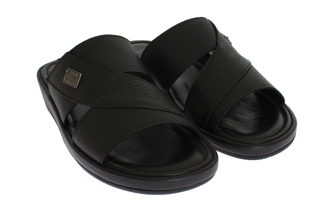 Black Deer Leather Logo Slides Sandals