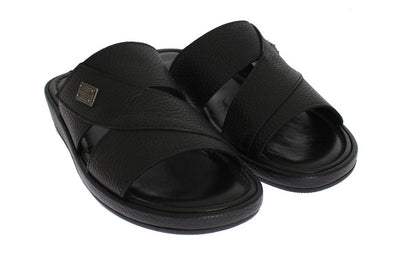 Black Deer Leather Logo Slides Sandals