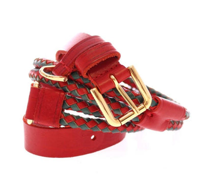 Red Leather Logo Gold Buckle Belt