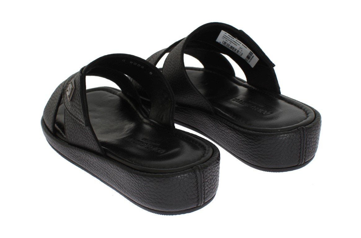 Black Deer Leather Logo Slides Sandals