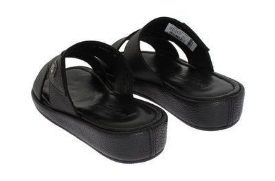Black Deer Leather Logo Slides Sandals