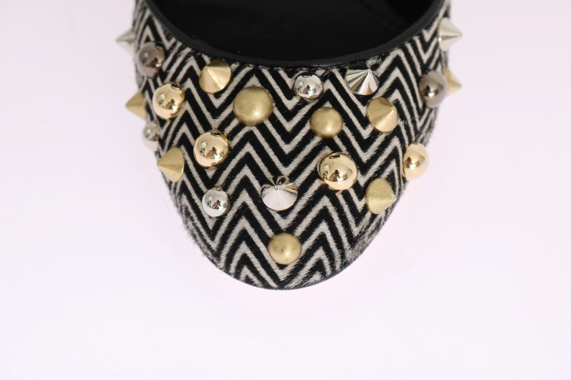 Black White Pony Fur Studded Leather Shoes