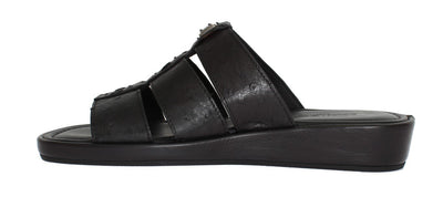 Black Ostrich Leather Slides Sandals