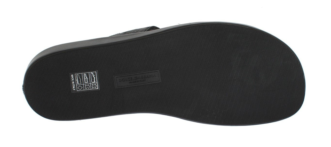 Black Ostrich Leather Slides Sandals