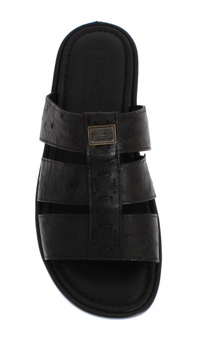 Black Ostrich Leather Slides Sandals